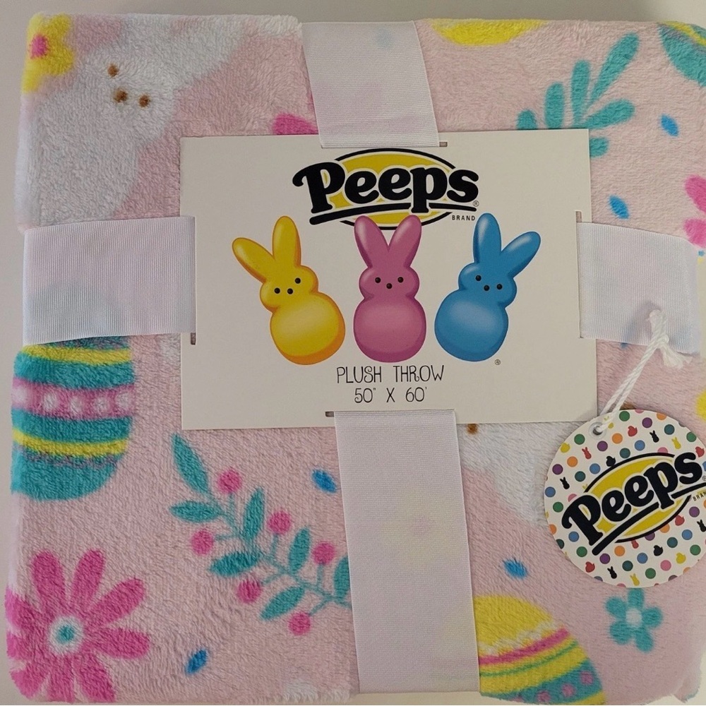 PEEPS Pink Easter Bunny Plush Throw Blanket 50" X 60" Flowers Eggs